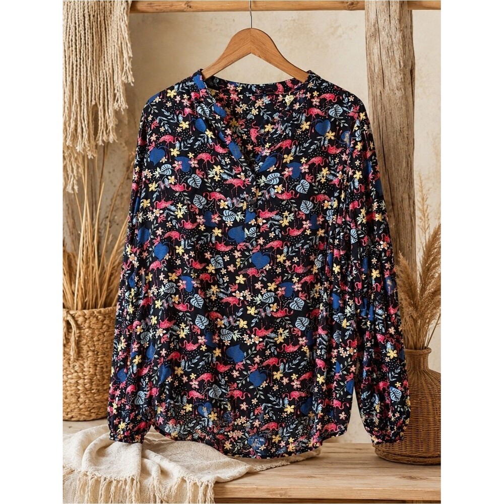 New Directions Floral Flamingo Multicolor Blouse Size 2X